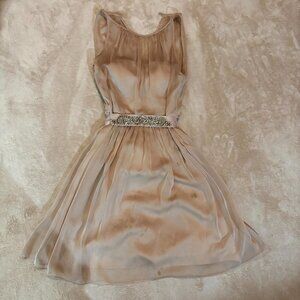 Embellished Chiffon Sleeveless Party Dress – Beige/Nude – Beaded Waistband – XS